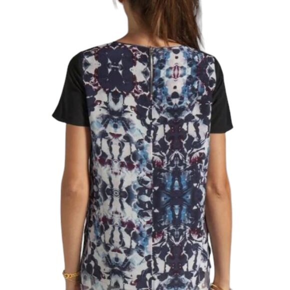 Rebecca Taylor  Blue black Abstract Printed Short Sleeve Silk Blouse Size 8 - Picture 15 of 16
